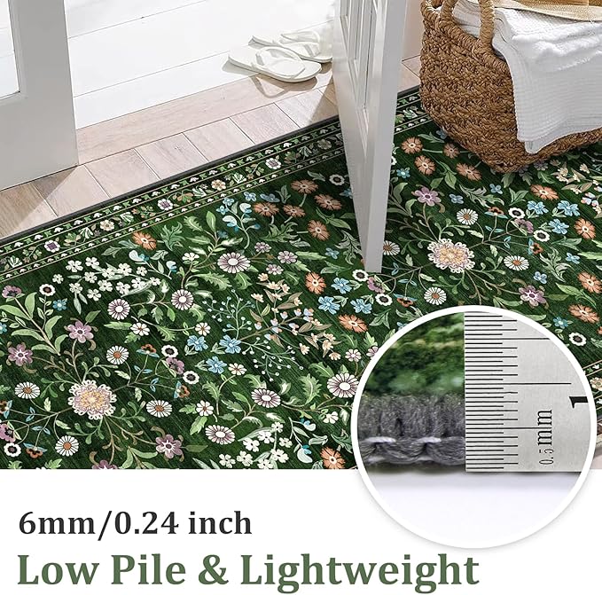 Yamaziot Washable Runner Rug 2x8 – Boho Non Slip Floral Hallway Runner Rug with Rubber Backing, Low Pile Distressed Carpet for Kitchen, Laundry, Bedroom, Entrance, Colorful Green