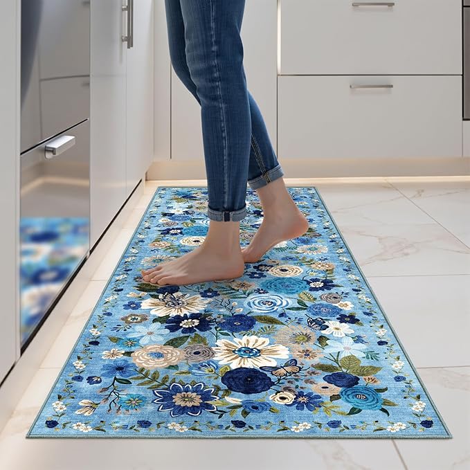 2x5 Entryway Runner Rugs, Non Slip Washable Rugs with Rubber Backing Soft Floral Carpet Runner for Kitchen, Laundry, Bedroom, Bathroom(2 x 5, Blue Garden)