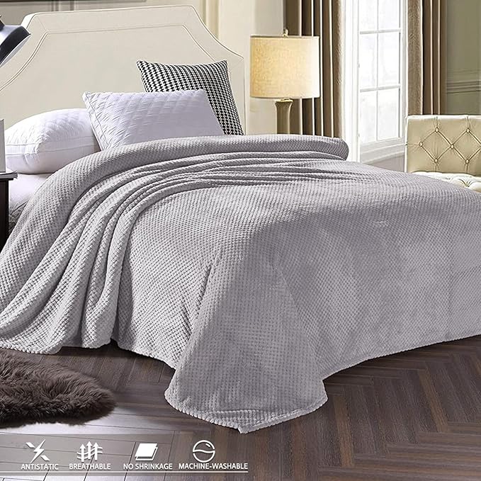 Exclusivo Mezcla Fleece Bed Blanket Queen Size, Super Soft and Warm Blankets for Couch, Sofa and Bed Waffle Textured, Cozy, Fuzzy and Lightweight (Light Grey, 90x90 Inches)