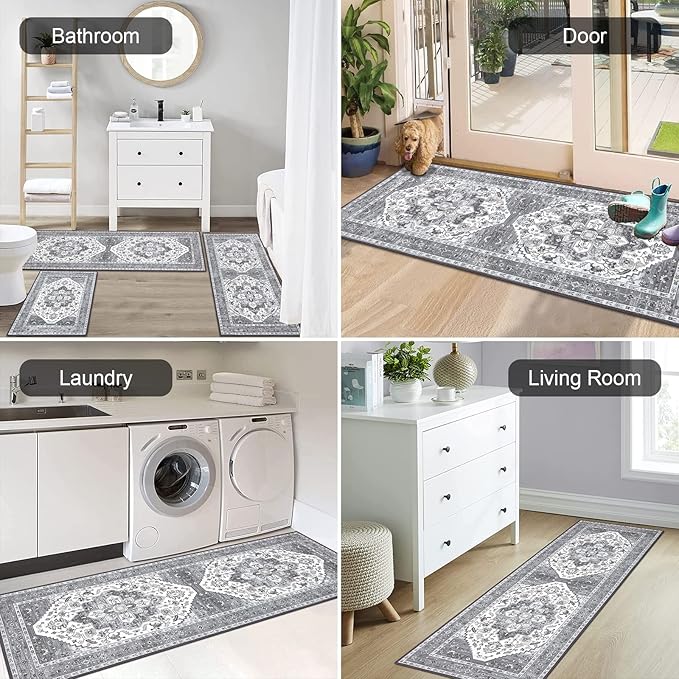 HEBE Boho Kitchen Rug Sets 3 Piece with Runner Non Slip Kitchen Rugs and Mats Washable Kitchen Mats for Floor Thick Kitchen Floor Mat Carpet Runner Rugs for Hallway Laundry Holiday Decor