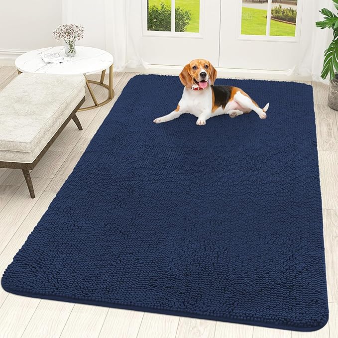 OLANLY Dog Door Mat for Muddy Paws 70x46, Absorbs Moisture and Dirt, Absorbent Non-Slip Washable Doormat, Quick Dry Chenille Mud Mat for Dogs, Entry Indoor Entryway Carpet for Inside Floor, Dark Blue