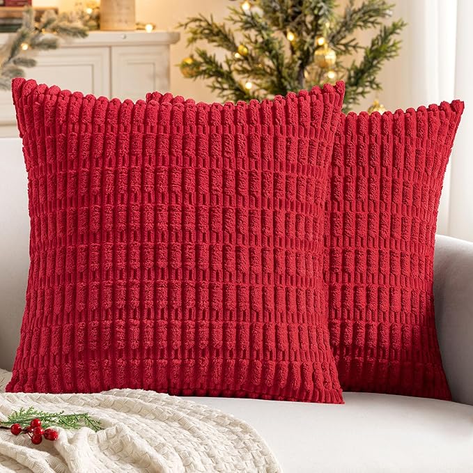 MIULEE Pack of 2 Red Corduroy Decorative Euro Sham Pillow Covers 24x24 Inch Soft Boho Striped Throw Pillow Covers Modern Farmhouse Home Decor for Sofa Living Room Couch Bed