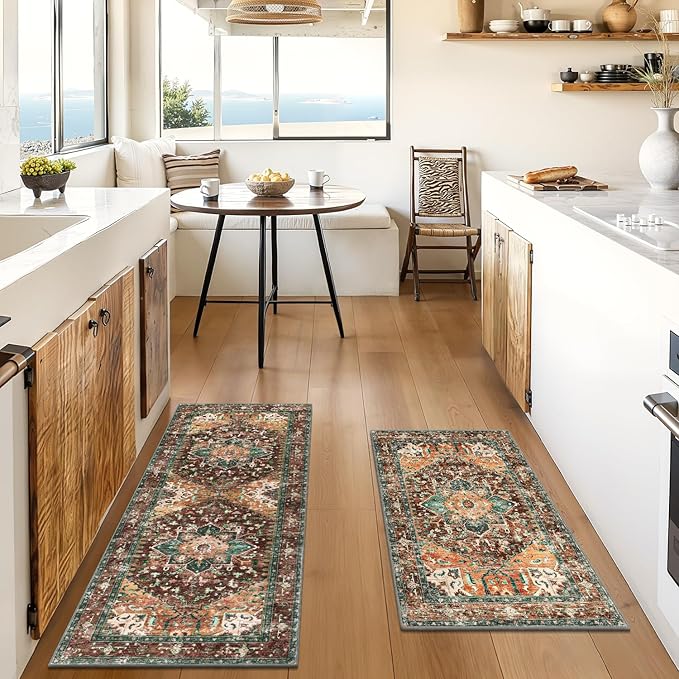 Yamaziot Washable Kitchen Runner Rug Set of 2, Non-Slip Boho Vintage Hallway Rug Runner with Rubber Backing, Stain Resistant & Low Pile Distressed Carpet Runner for Bedroom, Kitchen, Laundry, Entrance