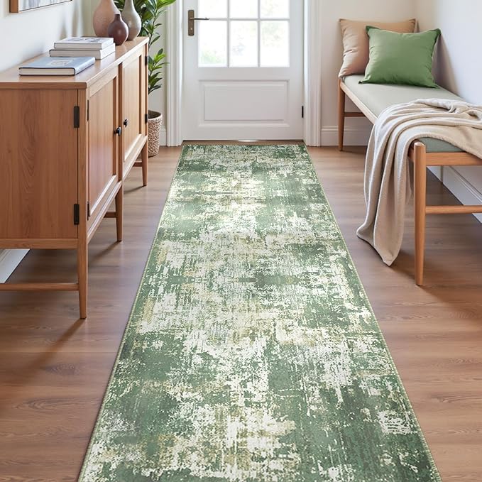 Washable Area Rugs 2'x6' Non-Slip Modern Abstract Soft for Living Room Entryway Bedroom Nursery, Print Pattern, Light Green/Yellow