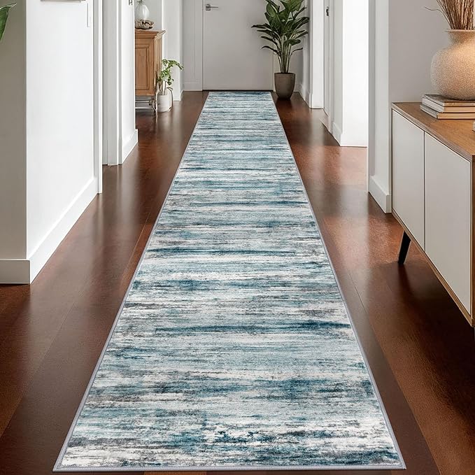 KOZYFLY Modern Abstract Hallway Runner Rug, 2.6x18 Washable Rug Runner Non-Slip Soft Striped Stair Runner Rugs, Print Blue Carpet Runner for Kitchen Entryway Bathroom Laundry Room Foyer