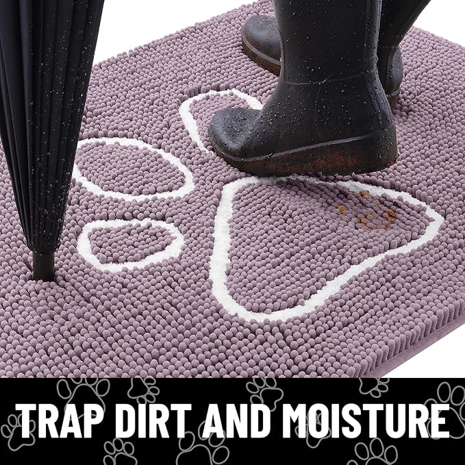 Smiry Dog Door Mat for Muddy Paws, Absorbent Dirt Trapper Non Slip Quick Dry Washable Chenille Mat for Mud Dogs, Entry Rug for Indoor and Outdoor (30x20 Inches, Deep Plum and White)