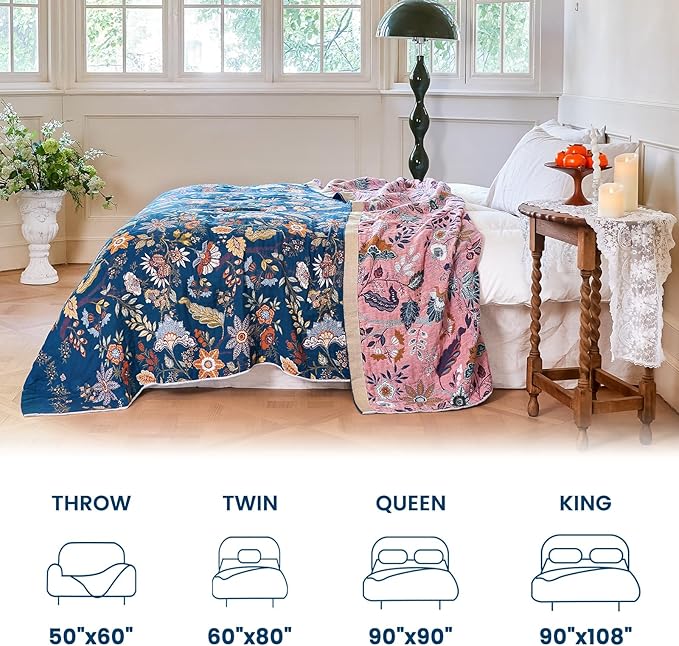 MSGKV Boho Throw Blanket for Bed 60"x80" 100% Cotton Twin Floral Blanket Spring Breathable Lightweigh Muslin Home Decorative Blankets for Couch