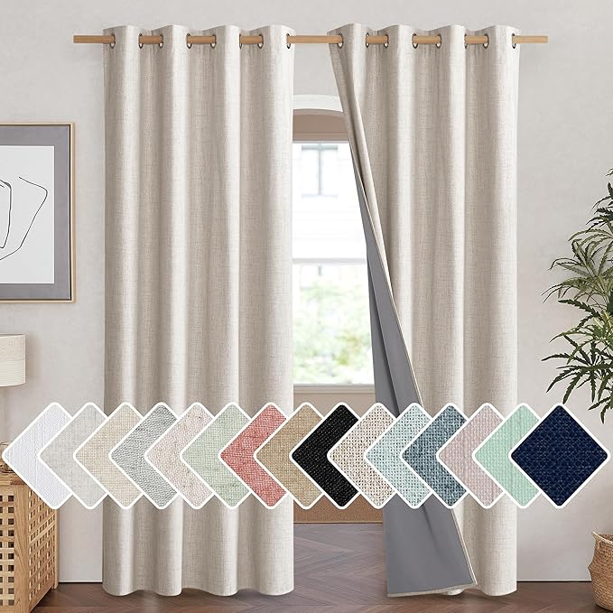 NICETOWN Brich Vintage Open Linen Weave Flax Thermal Curtains, 100% Blackout Curtains 90" Long for Dining Room, Soundproof Window Treatment Drapes for Home Cinema, 52" Wide Per Panel, Set of 2