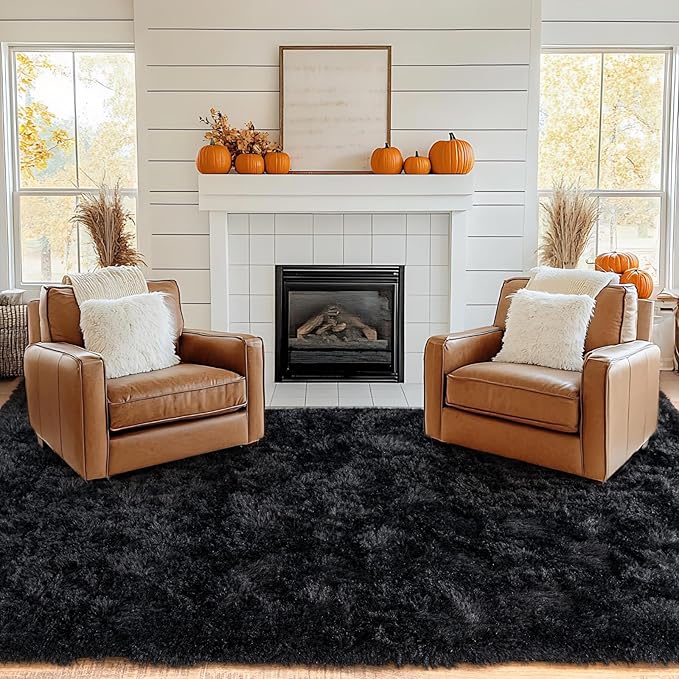 Pionblank 8x10 Rug for Living Room, Fuzzy Plush Large Area Rug, Fluffy Modern Shag Non Slip Soft Furry Carpet for Bedroom Kids Room Nursery Teens Dorm Home Decor, Black