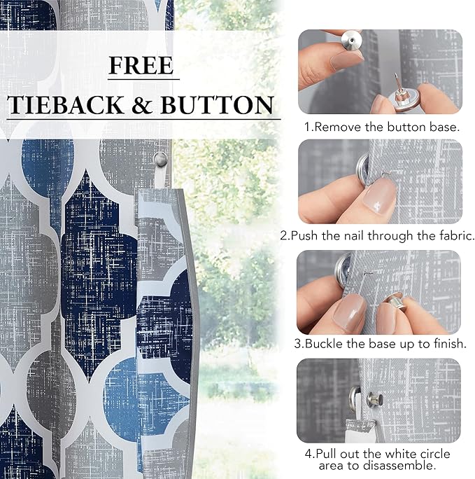 Beauoop 100% Blackout Curtains 96 Inches Long for Patio Sliding Door Blue Grey Extra Wide Moroccan Geo Room Darkening Thermal Soundproof Room Divider Grommet Window Treatment Drapes,100x96 Set of 1