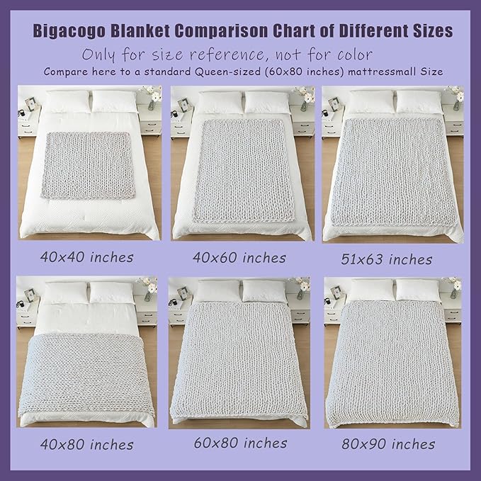 Bigacogo Chunky Knit Throw Blanket for Couch, 40x80 inches, 100% Hand Knitted with Thick Jumbo Chenille Yarn, Cozy Soft Large Rope Knot Cable Crochet Blankets for Sofa Bed Living Room, Ivory