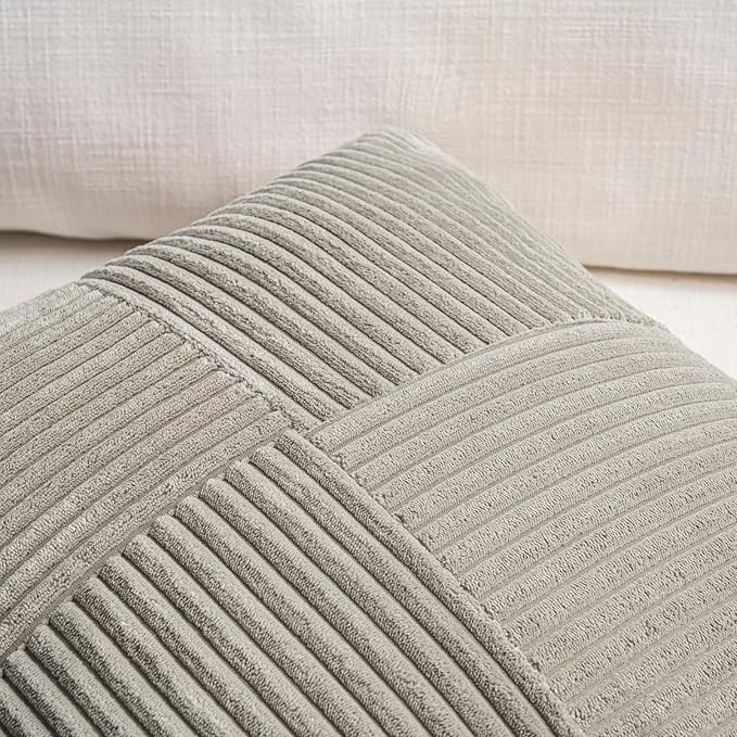 Fancy Homi 2 Packs Neutral Grey Lumbar Decorative Throw Pillow Covers 14x22 Inch for Living Room Couch Bed Sofa, Farmhouse Home Decor, Soft Striped Corduroy Rectangle Accent Cushion Case 35x55 cm