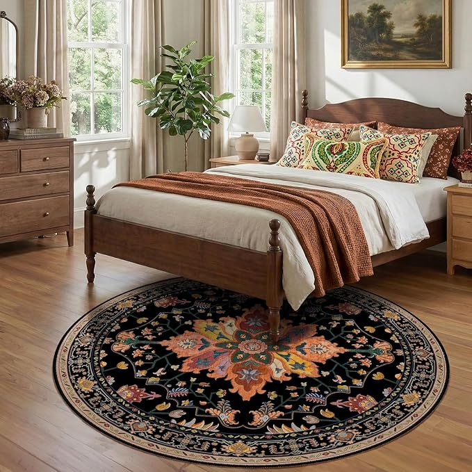 Area Rugs 7ft Washable Non-Slip, Floral Vintage Distress Print Pattern Medallion Carpet for Living Room Bedroom Dining Room, Black Colorful Floral Dark Tan