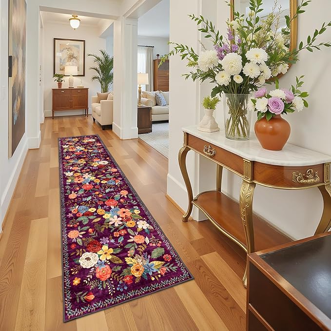 Rug for Hallways Kitchen Rug 2'6" x 14', Non Slip Washable Rugs with Rubber Backing Soft Floral Carpet Runner for Hallways, Kitchen, Laundry, Bedroom, Bathroom(2.6 x 14, Purple Lawn)