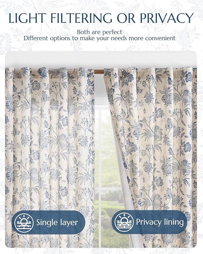 jinchan Lined Linen Floral Curtains for Living Room, 63 Inch Length Printed Flower Farmhouse Patterned French Country Back Tab Blue Window Drapes Set Privacy Bedroom Curtains, 2 Panels