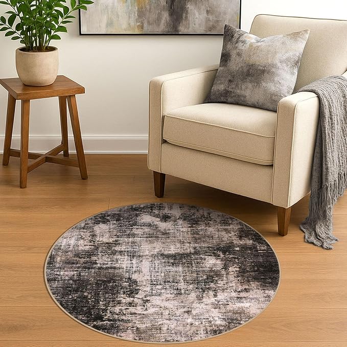 IOHOUZE Round Area Rug 3 Ft Circle Entryway Rugs Round Washable Door Mat Indoor Entrance, Non Slip Circle Front Door Rug, Printed Abstract Faux Wool Floor Carpet for Foyer Porch Sink, Brown/Rust