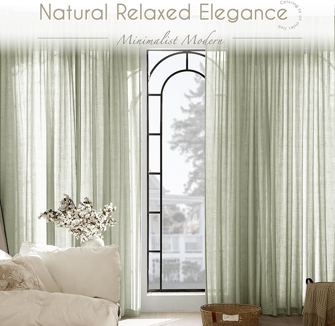 Linen Blend Sage Green Curtains 102 inch Length 2 Panels for Bedroom Back Tab Light Filtering Semi Sheer Drapes Linen Cotton Textured Light Green Airy Modern Farmhouse Living Room Sage Aesthetic Decor