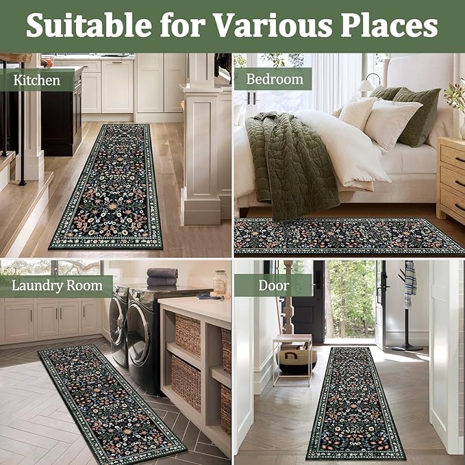 Yamaziot Washable Runner Rug 2x8 – Boho Non Slip Floral Hallway Runner Rug with Rubber Backing, Low Pile Distressed Carpet for Kitchen, Laundry, Bedroom, Entrance, Colorful Black