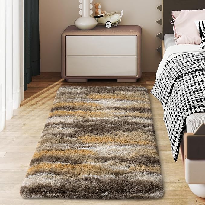 Soft Runner Rugs for Bedroom Hallways, 2x4 Abstract Brown Fluffy Shag Throw Area Rug Non Slip for Bedside Dorm, Long Shaggy Furry Carpet for Nursery Living Room