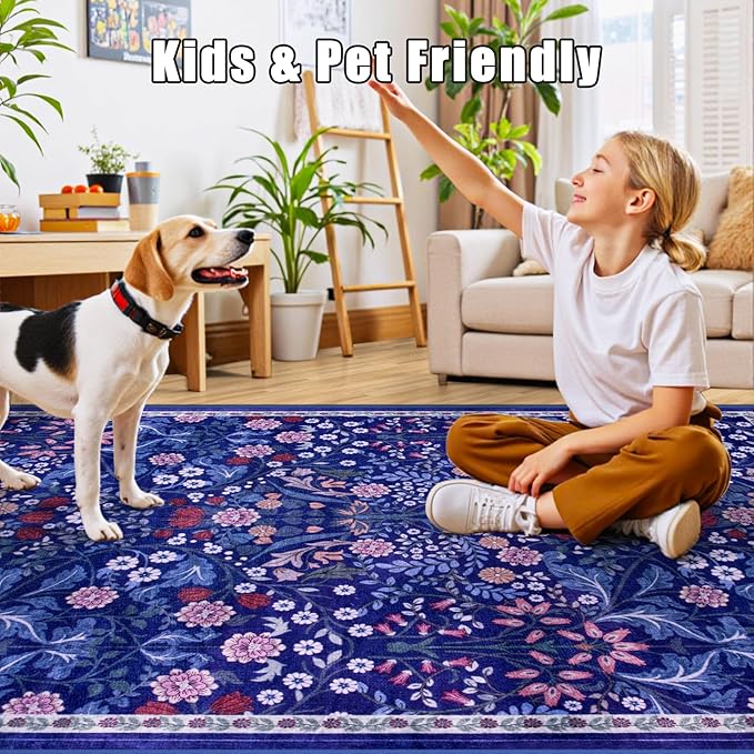 Area Rug Living Room Rugs: Floral 4x6 Washable Rug Vintage Soft Boho Non-Slip Carpet Indoor Floor Stain Resistant Large Carpets for Bedroom Dining Room Farmhouse Nursery Hallway Home Office Blue