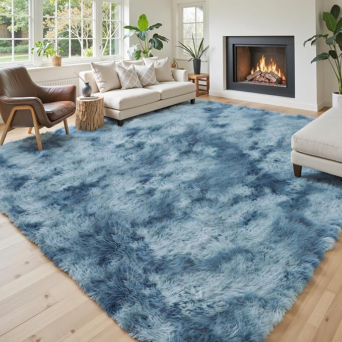 Area Rugs 9x12 Living Room, Large Area Rug Shag Shaggy Carpet Soft Plush Furry Bedside Rug, Machine Washable Area Rugs for Bedroom Kids Girls Boys Anti Slip(9 x 12, Dark Blue Tie-Dyed)