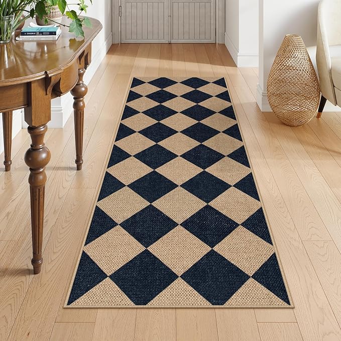 Lahome Colette Checkered Easy Jute Runner, 2x6 Kitchen Runner Rug Non Slip Washable Outdoor Rug for Entryway Indoor, Checkerboard Black Indoor Outdoor Carpet for Hallway 6ft Entry Front Door