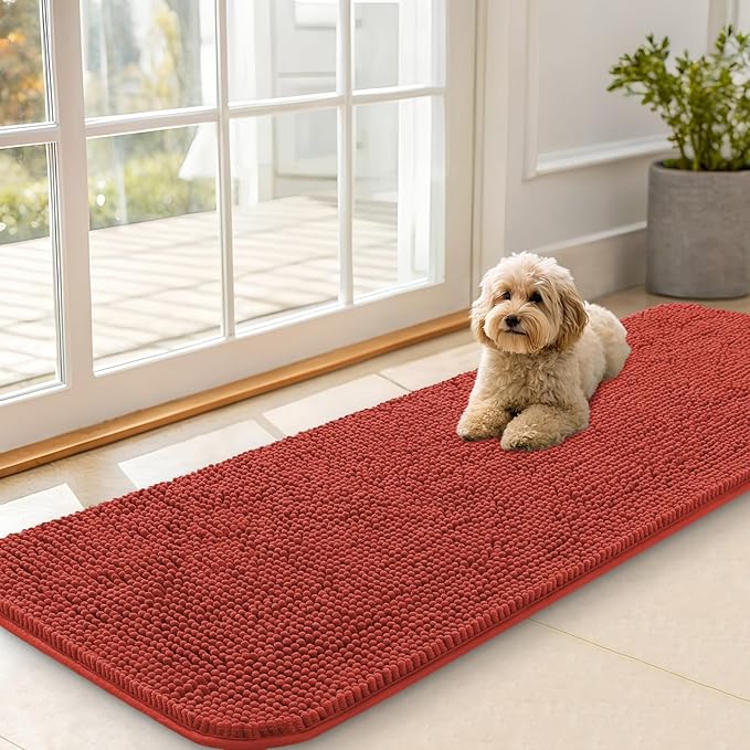 OLANLY Dog Door Mat for Muddy Paws 59x20, Absorbs Moisture and Dirt, Absorbent Non-Slip Washable Doormat, Quick Dry Chenille Mud Mat for Dogs, Entry Indoor Entryway Carpet for Inside Floor, Maple Red