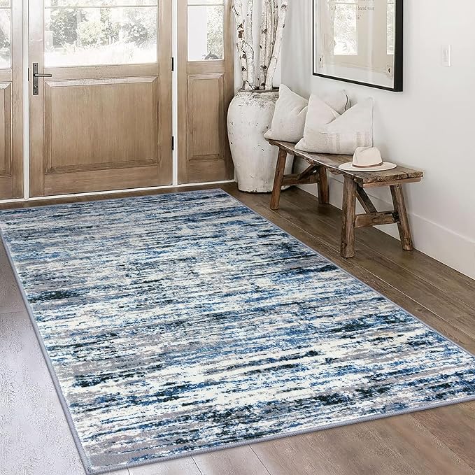 Lansny Modern Abstract 4x6 Living Room Washable Rug Non-Slip Soft Bedroom Area Rug Grey Blue White Thin Print Faux Wool Floor Carpet Throw Rugs for Nursery Playroom Dining Room Indoor Home Decor