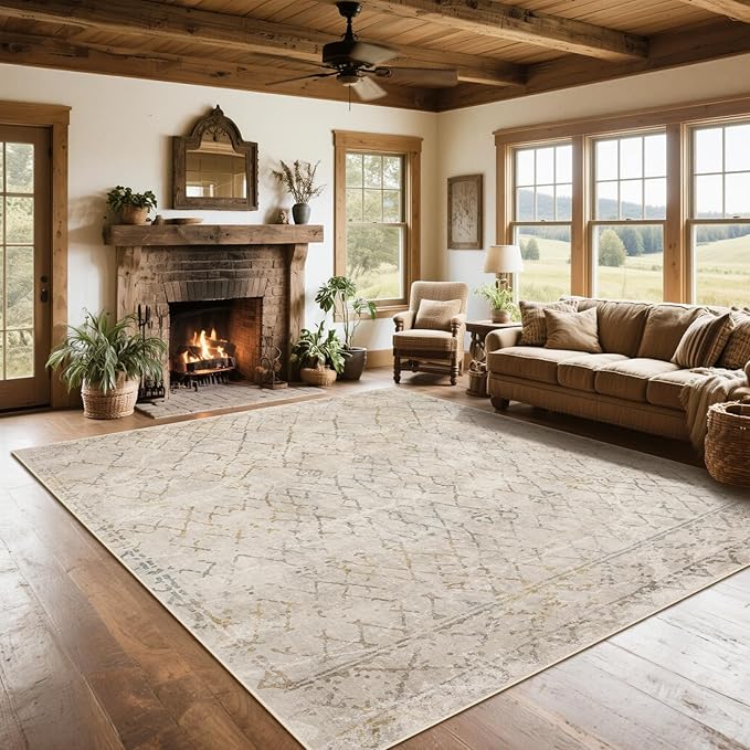 Washable Rugs 8x10 Area Rugs for Living Room,Bedroom,Dining Room- Large Ultra Soft Faux Wool Retro Carpet,Non Slip&Non-Shedding Low Pile Morocco Rug for Home Office Dorm Decor(Camel-Blue-Orange)