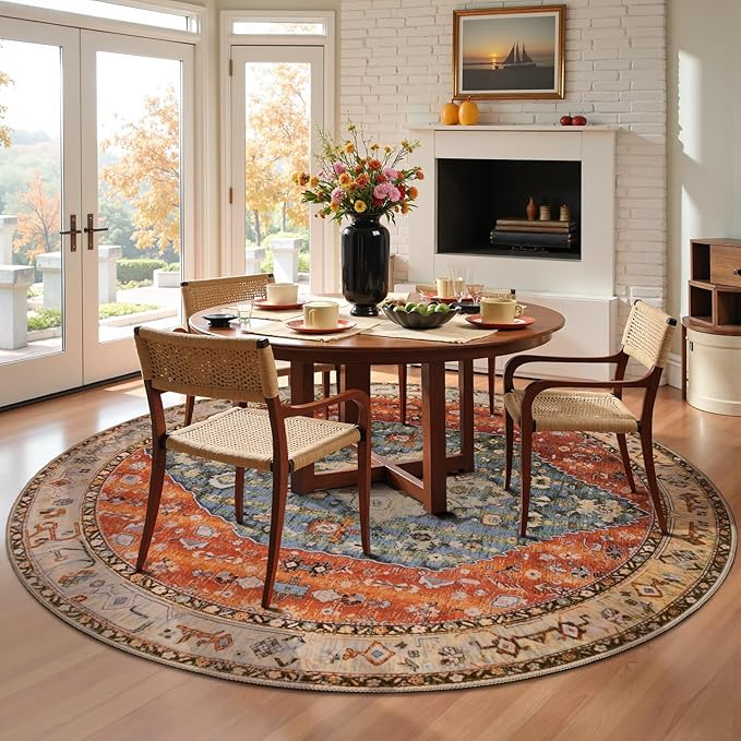 SERISSA Boho Round Area Rug, 5ft Washable Non-Slip Circle Rug, Ultra Soft Oriental Vintage Tribal Low-Pile Circular Carpet for Bedroom Entryway Kids Room Office College Dorm Living Room