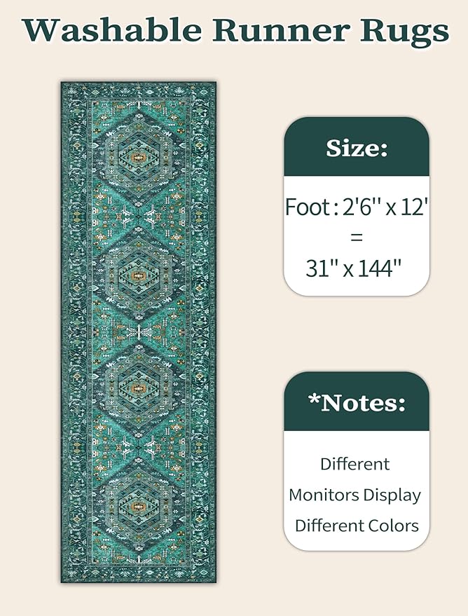 SERISSA Runner Rug for Hallways, 2'6"x12' Washable Non Slip Kitchen Runner Rug, Extra Long Boho Rug Ultra Soft Vintage Teal Print Floor Carpet for Bedroom Hallway Entryway Bathroom Laundry Room