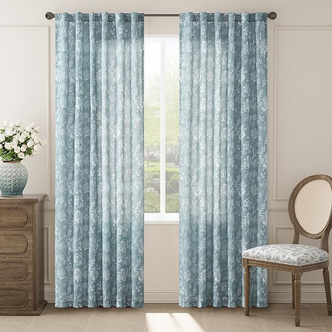jinchan Linen Floral Curtains for Living Room, 84 Inch Length Curtains with Printed Flower Light Filtering Curtain, Rod Pocket Back Tab Blue Window Treatment Set Bedroom Curtain, 2 Panels Blue