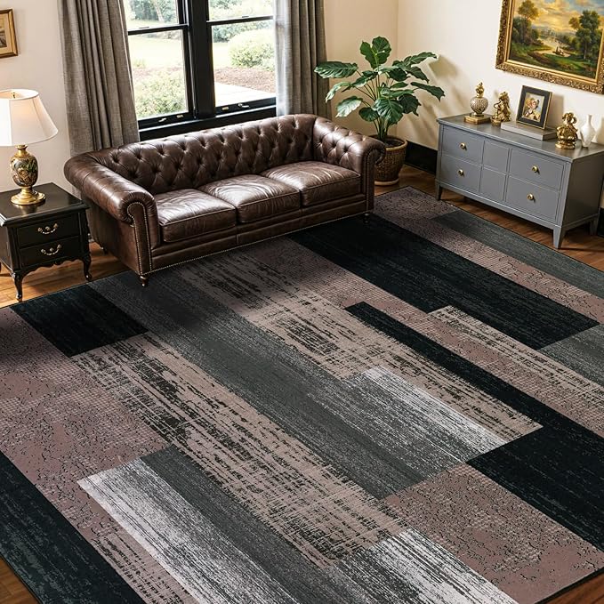 10x12 Washable Area Rugs for Living Room and Bedroom, Vintage Checkered Pattern Non-Slip Carpet, Stain Resistant Low Pile Soft Rug for Dining Room,Office,Nursery,Kids Room(10x12,Chocolate)