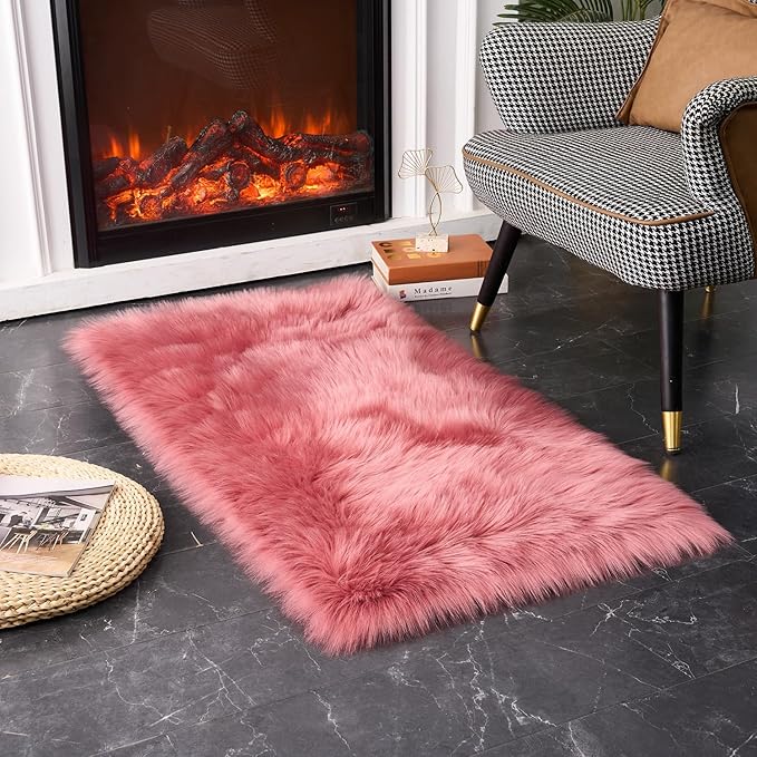 EasyJoy Ultra Soft Fluffy Shaggy Area Rug Faux Fur Rug Chair Cover Seat Pad Fuzzy Area Rug for Bedroom Floor Sofa Living Room (2 x 4 ft Rectangle, BlushPink)