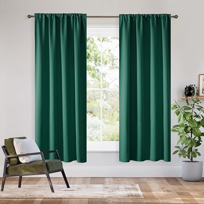 RYB HOME Bedroom Blackout Curtains 63 inches Long, 100% Blackout Thermal Insulated Noise Reducing Curtains for Living Room Nursury, 42 inches Wide by 63 inches Long, Dark Green