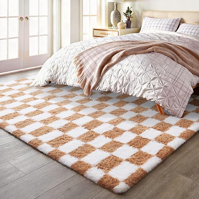 Ophanie Checkered Beige & White Rug for Living Room Bedroom, Fluffy Soft Cute Fuzzy Area Rugs, Shag Plush Shaggy Bedside Floor 6x9 Furry Carpet for Kids Baby Teen Dorm Nursery Home Decor Aesthetic