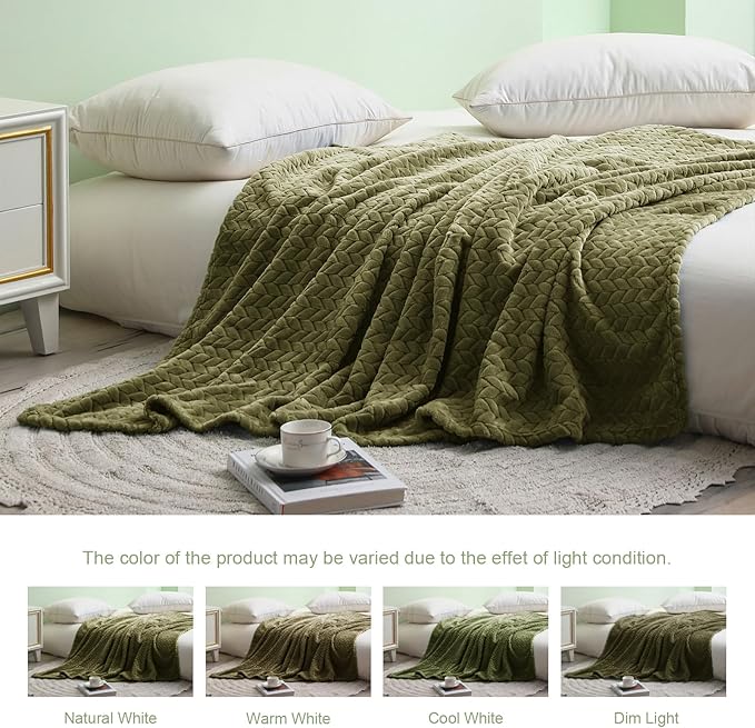 Exclusivo Mezcla Fleece Twin Size Blanket for Bed, 60x80 Inches Soft Cozy Jacquard Flannel Blankets, Lightweight Fuzzy Plush Warm for Women, Olive Green