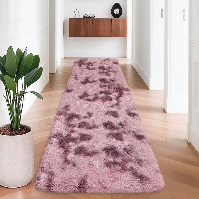 Tie-Dyed Blush 2x8 Machine Washable Runner Rugs for Hallway Soft Fluffy Shaggy Bedside Rugs for Bedroom Living Room Indoor Floor Carpet for Kids Girls and Boys Nursery Rooms Home Decor Aesthetic