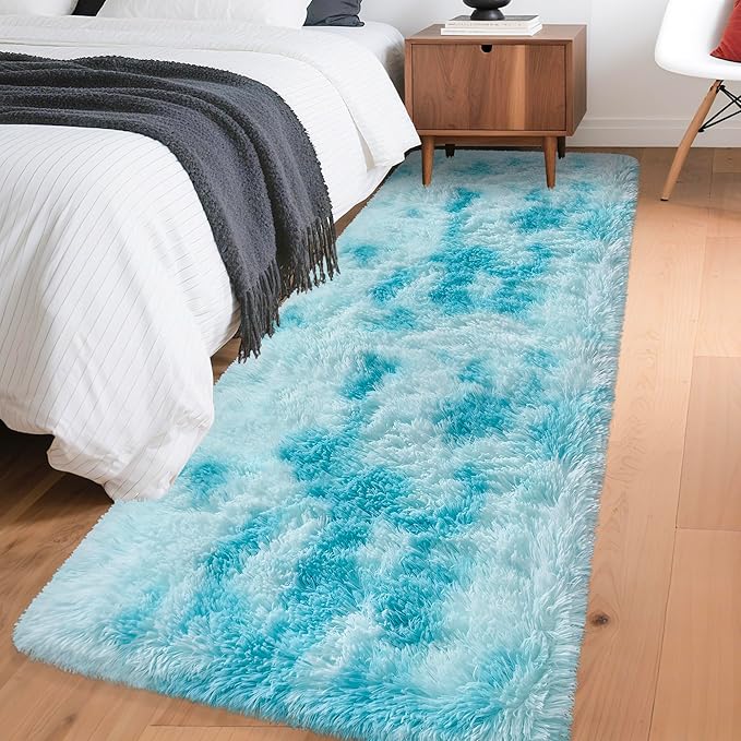 Tie-Dyed Sky Blue 2x6 Machine Washable Runner Rugs for Hallway Soft Fluffy Shaggy Bedside Rugs for Bedroom Living Room Indoor Floor Carpet for Kids Girls and Boys Nursery Rooms Home Decor Aesthetic