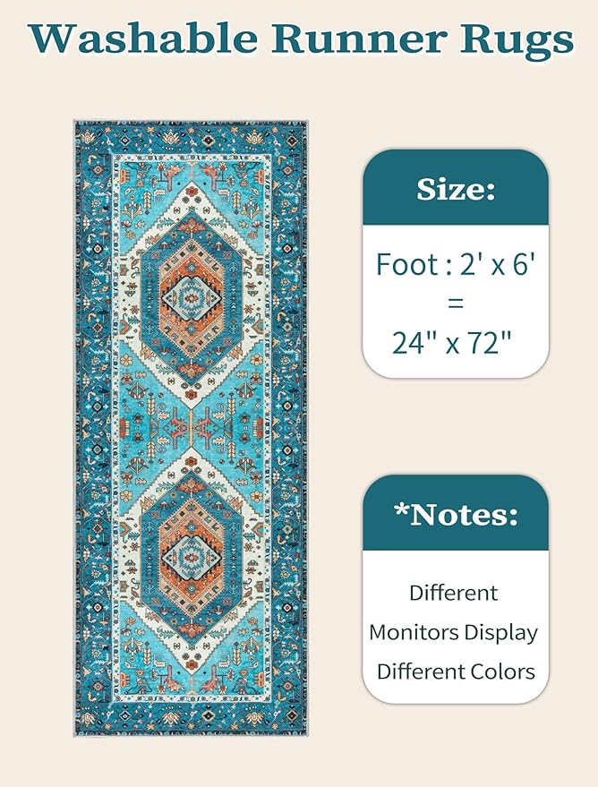 SERISSA Boho Washable Runner Rug, 2x6 Rug Runner Non-Slip Vintage Blue Hallway Kitchen Runner Rug Ultra Soft Print Distressed Tribal Floor Carpet Runner for Bedroom Bathroom Laundry Living Room