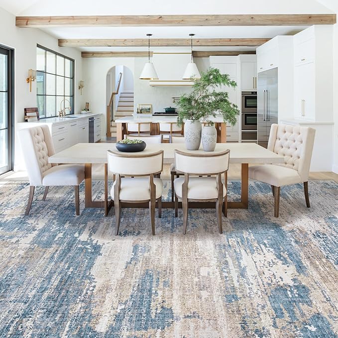 9x12 Area Rug for Living Room, Washable Modern Abstract Large Area Rug Neutral Soft Non Slip Kids Rug Stain Resistant Indoor Carpet for Bedroom Dining Room Playroom Office(BlueBeige, 9'x12')