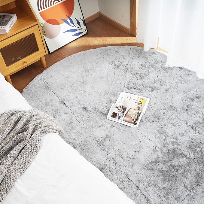 Ghouse Faux Rabbit Fur Round Rug 8ft Grey Round Rugs for Bedroom Decor Fluffy Area Rugs for Living Room, no-Shedding Carpet Sheepskin Washable Rug Rome Decor