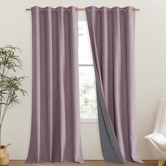 NICETOWN Chaise Mauve Vintage Linen 100% Blackout Curtains for Living Room, Thermal Insulated Curtains 108" Long, Noise Reducing Window Treatment Drapes for Hall Room, 52" Wide Per Panel, Set of 2