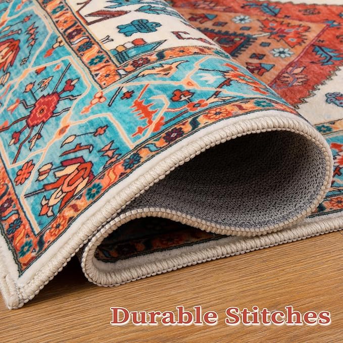 SERISSA Boho Rugs for Entryway, 2x3 Orange Entryway Rug Non-Slip Washable Small Area Rug, Ultra Soft Oriental Vintage Low-Pile Indoor Door Mat Floor Carpet for Entrance Bedroom Kitchen Bathroom