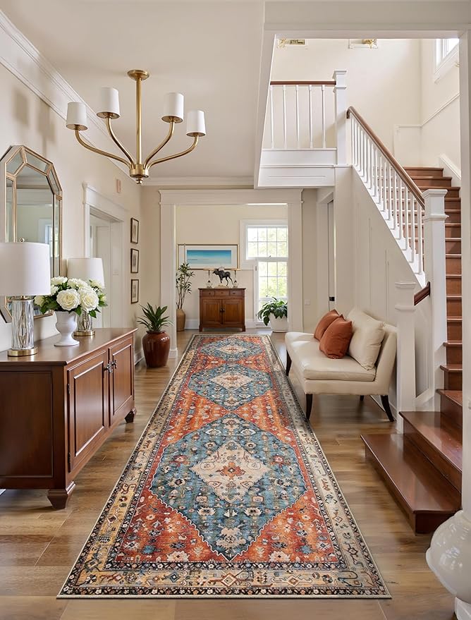 SERISSA Runner Rug for Hallways, 3x8 Washable Non Slip Kitchen Runner Rug, Long Boho Rug Vintage Tribal Hallway Stair Ultra Soft Print Floor Carpet for Bedroom Bathroom Laundry Room