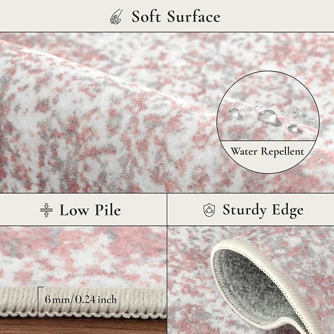 Area Rugs 3x5 for Living Room Bedroom, Modern Abstract Machine Washable Rug, Soft Low Pile Floor Carpet with Non Slip Backing for Entryway, Pink/Grey