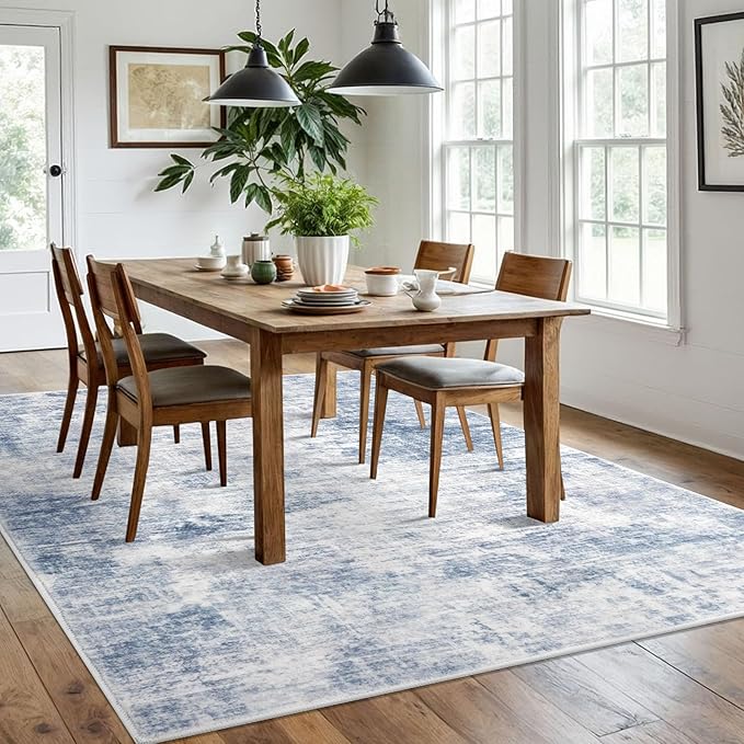IOHOUZE Abstract Area Rugs 6x9 Ft Washable Rugs for Living Room, Non Slip Dining Room Rug, Printed Faux Wool Rugs for Bedroom, Floor Carpet for Office Nursery Playroom, Light Blue Grey