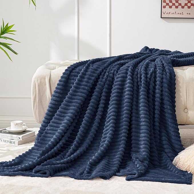 BEDELITE Fleece Throw Blanket for Couch – 3D Ribbed Jacquard Soft and Warm Decorative Fuzzy Blanket – Cozy, Fluffy, Plush Lightweight Navy Blue Throw Blankets for Bed, Sofa, 50x60 inches