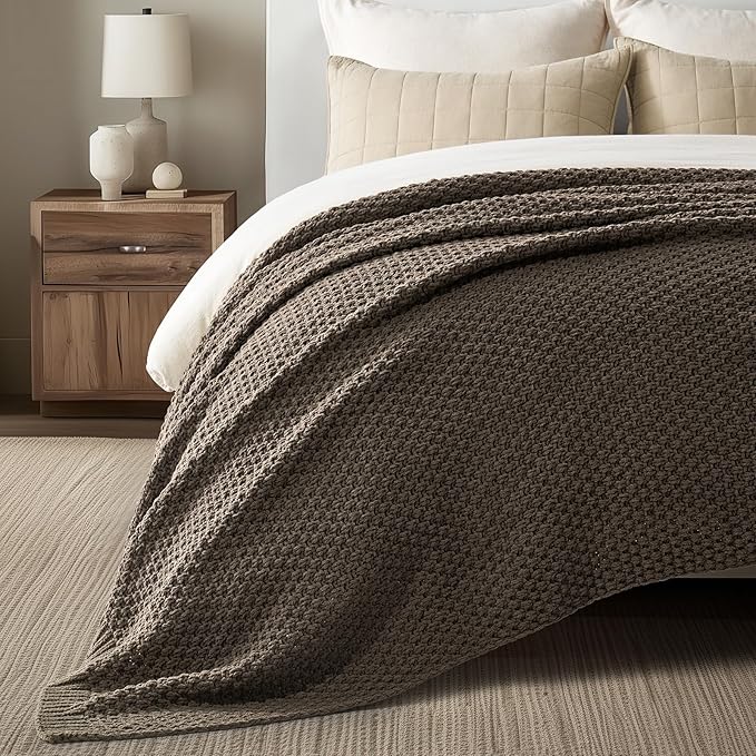 EVERGRACEHOME Chunky Chenille Knit Throw Blanket for Couch, Soft Luxurious Oversized King Moss Stitch Blanket for Bed, Large Cozy Farmhouse Knitted Throw for Sofa, Mocha Brown, 92" x 108"