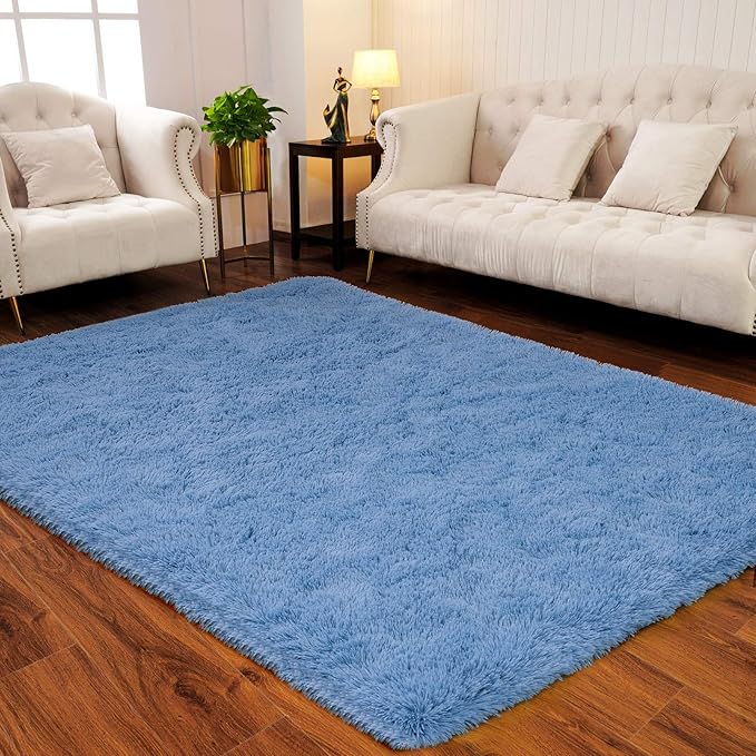 LOCHAS Ultra Soft Indoor Modern Area Rugs Fluffy Living Room Carpets for Children Bedroom Home Decor Nursery Rug 4x5.3 Feet,Cobalt Blue